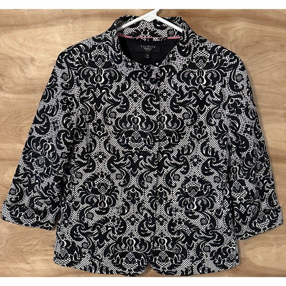 TALBOTS BLACK & WHITE DAMASK FLORAL LACE PATTERN JACKET BLAZER 4 PETITE